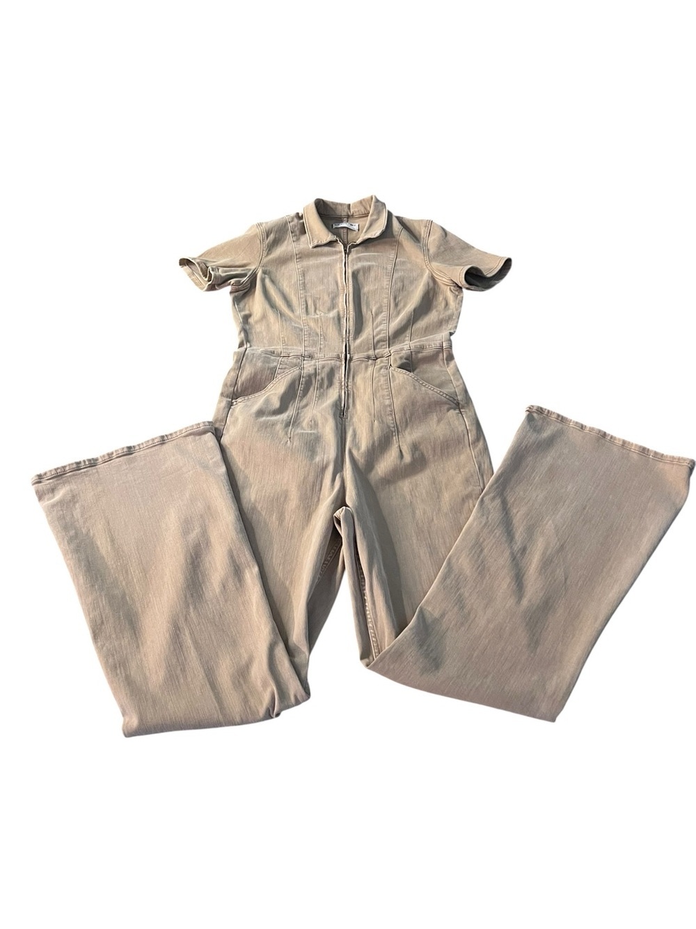 We The Free 70s Flare Jayde Short-Sleeve Zippered Jumpsuit in Blushing Tan SZ XL